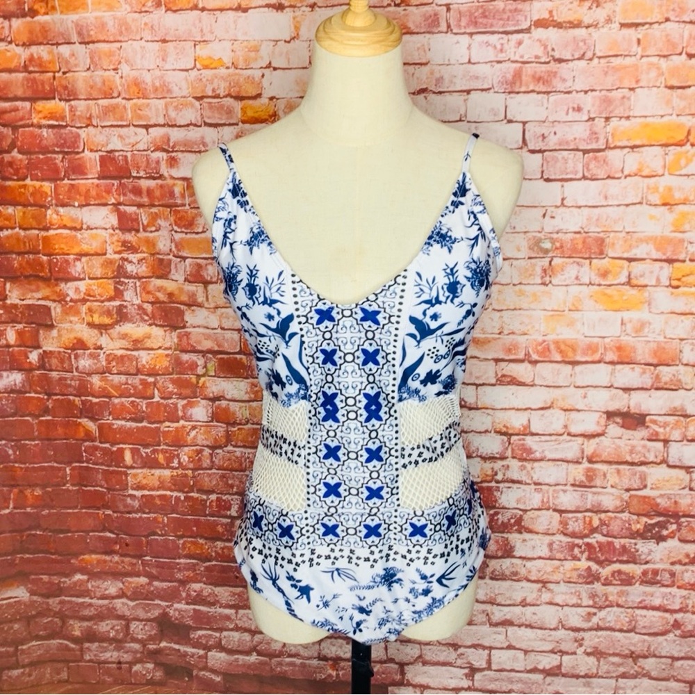 Chuchwish Blue and White Cutout One Piece Bathing Suit